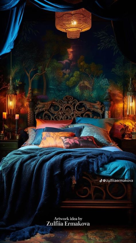 Colorful Eclectic Living Room Boho, Turquoise Room Bedroom, Deep Teal Bedroom, Orange And Teal Bedroom, Colourful Bedrooms, Dark Modern Interior, Teal Bedroom Designs, Jewel Toned Bedroom Decor, Orange Interior Design