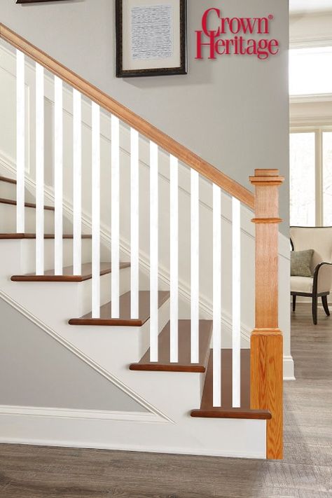 Colonial Banister, Redo Stair Railing, Stair Banister Makeover, White And Wood Staircase, White Balusters, Wood Balustrade, Entrance Way Ideas, Craftsman Stairs, White Banister