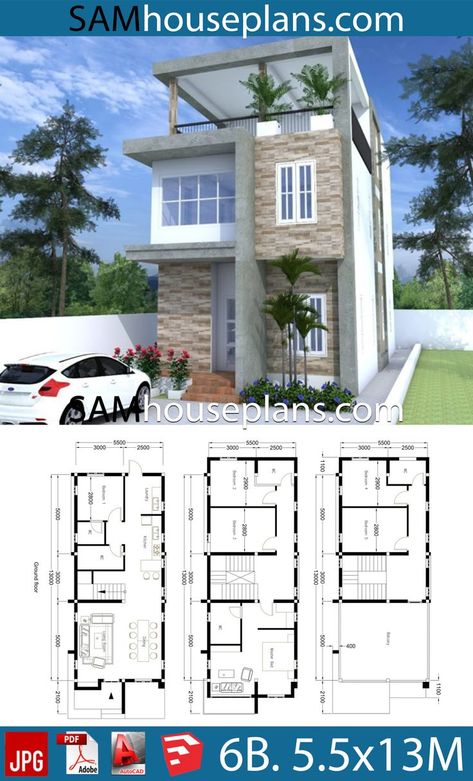 6 Bedroom House Plans, Small Modern House Plans, Narrow House Plans, 2 Storey House Design, 3d House Plans, Two Story House, Duplex House Plans, Narrow House, House Construction Plan