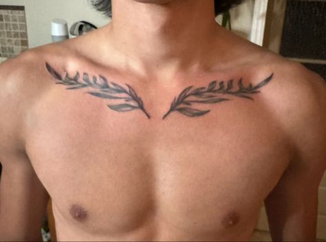 Chest Patch Work Tattoo, Arm Cuff Tattoo Men, Men Leaf Tattoo, Greek Leaves Tattoo Chest, Mens Collarbone Tattoo, Small Biblical Tattoos For Men, Big Star Tattoo, Roman Inspired Tattoos, Tattoo Ideas For Men Bicep