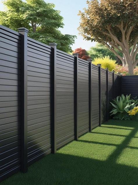 Horizontal Black Fence Ideas for Your Backyard Townhouse Fence Ideas, Black Backyard Ideas, Black Fence Ideas, Dark Fence, Vinyl Fence Ideas, Modern Fences, Backyard Fence Ideas, Driveway Fence, Fence Wall Design