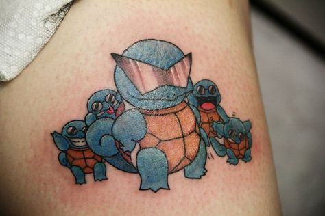 17 Pokemon Tattoos Which Will Throw You Back to Your Childhood Squirtle Sunglasses, Squirtle Tattoo, Sunglasses Tattoo, Squirtle Squad, Palm Tattoos, Pokemon Tattoo, Cool Guy, Just Ink, Gaming Tattoo