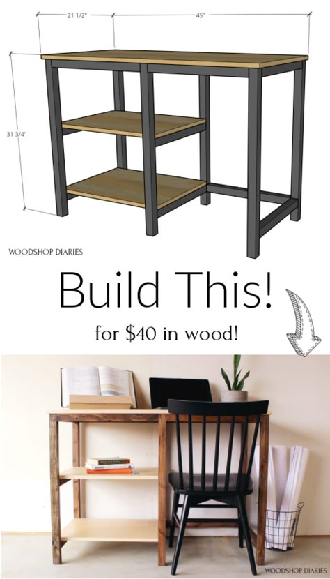 Build yourself or your kids a simple new desk with these free plans. All you need is $40 in lumber and four basic tools! This design is perfect for combining into one large multiperson work station OR just combining a few to make yourself a bigger desk space! For just $40, you can afford to build a few! Easy Diy Desk, Diy Desk Plans, Build Your Own Home, Free Building Plans, Desk Plans, Diy Drawers, Simple Desk, Free Plans, Basic Tools