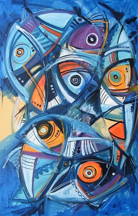 Croatian Artist: Jasminka Banusic; Oil Painting "Fishes" - Rotate Abstract Fish Painting, Abstract Painting Acrylic Modern, Bold Abstract Art, Peruvian Art, Fish Artwork, Flower Painting Canvas, Fish Illustration, Quirky Art, Fish Painting