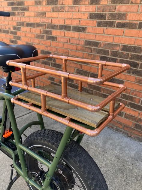 I made a copper tubing basket for my radrunner. : RadPowerBikes Diy Bicycle Basket, Diy Bike Basket, Bike Accessories Diy, Rear Bike Basket, Bicycle Crafts, Bicycle Baskets, Bicycle Diy, Coffee Bike, Bike Camping