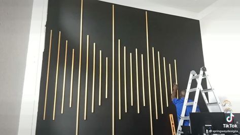 Gold Stripe Wall, Gold Tape Wall Design, Black And Gold Accent Wall, Brown Paint Walls, Karaoke Lounge, Accent Wall Paint Colors, Gold Accent Wall, Gold Tape, Black Accent Walls