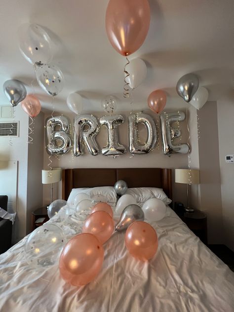 Silver Bride balloons for classic look. White, silver, rose gold balloons. Added pink confetti accent balloons. Clean and classy decoration for all brides. Classic Bachelorette Party, Decoration With Fairy Lights, Bride Balloons, Light Pink Decor, Bachelorette Party Decoration, Bachelorette Decor, Pink Bachelorette Party, Bride To Be Balloons, Pink Bachelorette