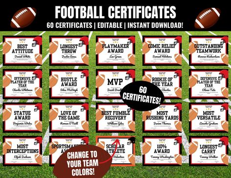 Editable Football Award Certificates, Football Team Awards, Football End of Season Awards, Football Team Party, Football Season Awards Football Awards Ideas, Football Team Party, Football Presentation, Presentation Night, Football Banquet, Football Awards, Award Ideas, Team Party, Sports Awards