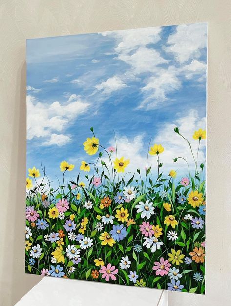 Floral Painting Ideas, Flowers Canvas Painting, Flower Field Painting, Canvas Art Painting Abstract, Fall Canvas Painting, Small Canvas Paintings, Square Painting, Flower Painting Canvas, Canvas Painting Tutorials