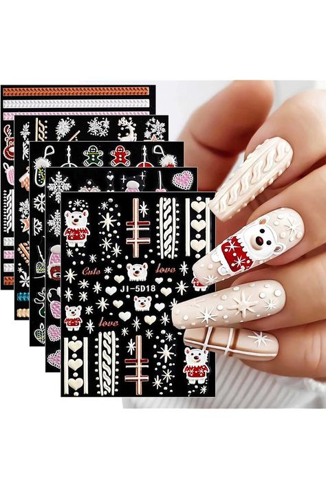 5 Sheets 3D Embossed Christmas Nail Art Stickers Decals Self-Adhesive Pegatinas UÃ±as Navidad 5D Snowflake Xmas Winter Holiday Nail Supplies Nail Art Design Decoration Accessories Snow Nails, Christmas Nail Stickers, Bears Nails, Cute Cartoon Bear, Bunny Nails, Gel Polish Manicure, Sweater Nails, Fake Nails With Glue, Nail Art Sticker