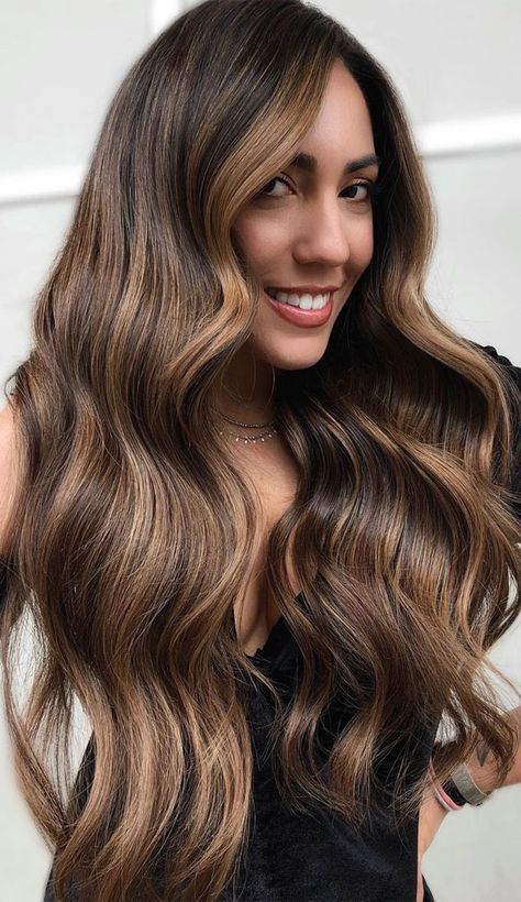 50+ Brunette + Brown Hair Colours & Hairstyles : Toffee + Cognac Dimensional Brunette Hair, Brown Hair Colours, Caramel Balayage Highlights, Messy Chignon, Dimensional Brunette, Caramel Blonde, Sleek Bun, Caramel Balayage, Hair Things