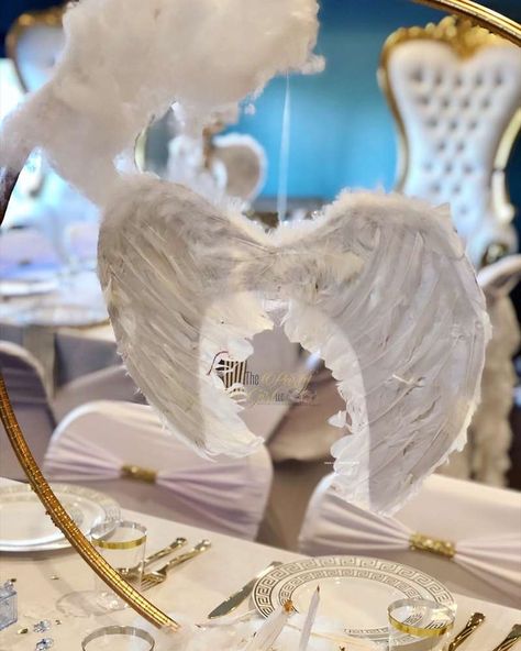 Angel Themed Party Food, Heaven Sent Centerpieces, Heaven Party Decorations, Heaven Sent Baby Shower Theme Decoration, Angel Theme Baby Shower Ideas, Angel Party Theme, Heaven Themed Party, Angel Gender Reveal, Heaven Sent Baby Shower Theme