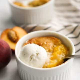 Individual Mini Peach Cobbler - Joyous Apron Individual Peach Cobbler Easy, Mini Cobbler Recipes, Single Deserts, Peach Cobbler Mini, Peach Cobbler For One, Individual Peach Cobbler, Mini Peach Cobbler, Ramekin Dessert, Joyous Apron