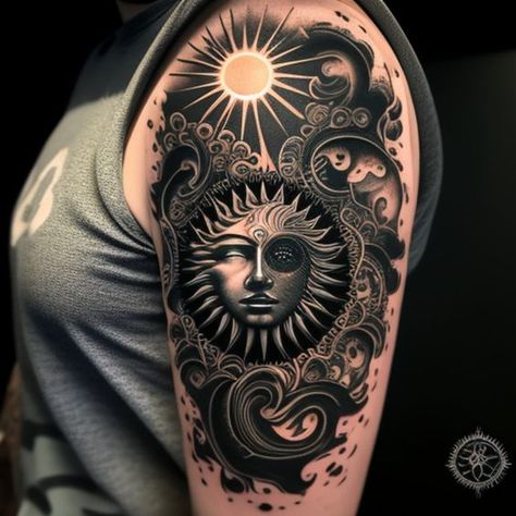 Sun Moon tattoo blackwork Style 01 Space Marine Tattoo, Sun Tattoo Sleeve, Blackwork Tattoo Design Ideas, Rebirth Tattoos, Sun Moon Tattoo, Rebirth Tattoo, Moon Tattoo Ideas, Marine Tattoo, Knee Tattoos