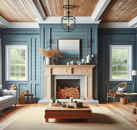 Blue Shiplap Fireplace, Stained Shiplap Ceiling, Shiplap Above Fireplace, Shiplap Ceiling With Beams, White Shiplap Fireplace, Shiplap Fireplace Wall, Shiplap Fireplace Ideas, Blue Shiplap, Ceiling With Beams