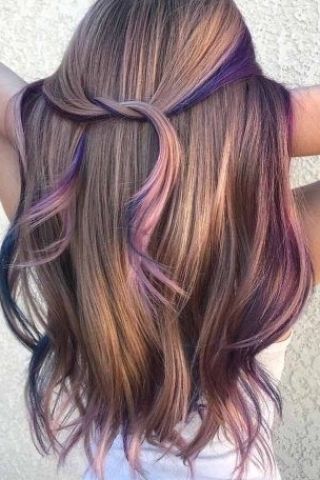 Rainbow Hair Color Ideas, Blue Brown Hair, Purple Brown Hair, Lavender Hair Colors, Mermaid Hair Color, Peekaboo Highlights, Peekaboo Hair, Rainbow Hair Color, Hair Color Streaks