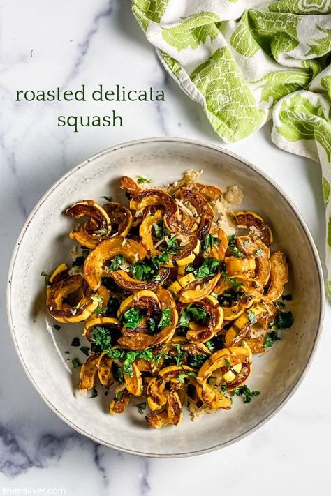 roasted delicata squash | Sheri Silver - living a well-tended life... at any age Delicata Squash Salad, Roasted Delicata Squash, Squash Salad, Delicata Squash, Roasted Squash, Winter Squash, Garlic Parmesan, Vegetable Sides, Wheat Free