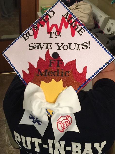 Paramedic firefighter graduation cap Firefighter Grad Cap, Paramedic Graduation Pictures, Emt Graduation Caps, Firefighter Graduation Cap, Medic School, Paramedic Graduation, Seniors 2025, Firefighter Graduation, Graduation Goals