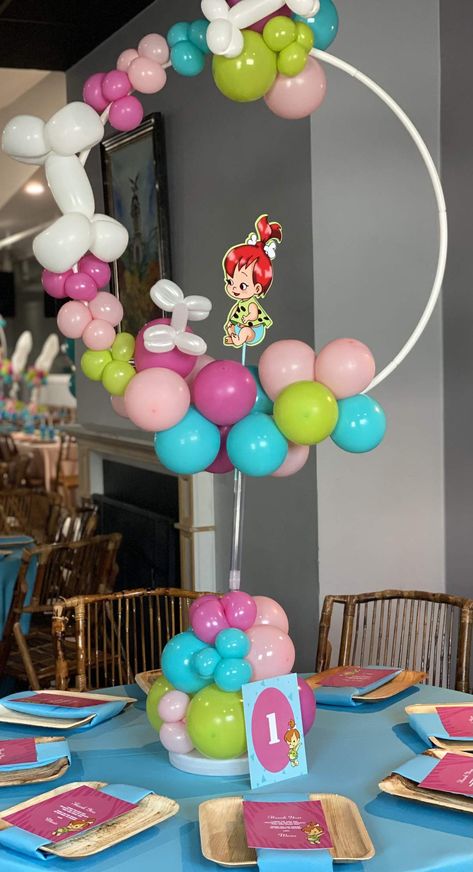 Yabba Dabba Doo! | CatchMyParty.com Pebbles 1st Birthday Party Ideas, Flintstones 1st Birthday Party Ideas, Flintstones Baby Shower Ideas, Flinstones Birthday Party Two, Yabba Dabba Two Birthday Girl, Flintstones Party Ideas, Pebbles Birthday Party Ideas, Pebbles Birthday Party, Pebbles Flintstone Party Decor