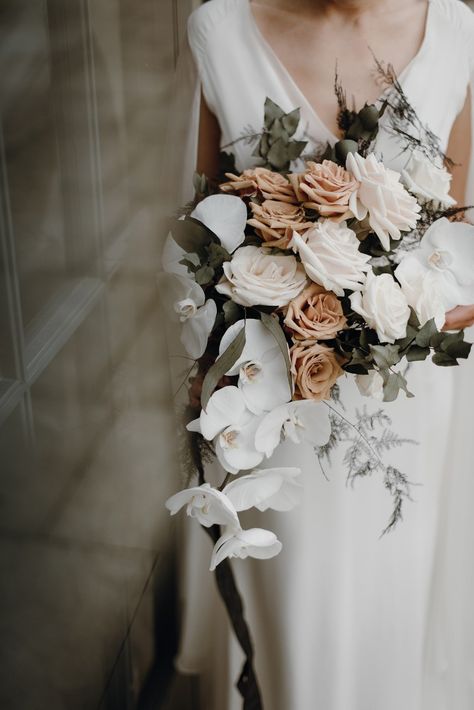 Stunning Bouquet of Toffee & White Roses with Eucalyptus & Orchids www.weddingandevents.co.uk Ballet Wedding, Boho Wedding Bouquet, Orchid Bouquet, Wedding Bouquets Bride, Flowers And Greenery, Wedding Of The Year, Boho Style Wedding, Sustainable Wedding, Whimsical Wonderland Weddings