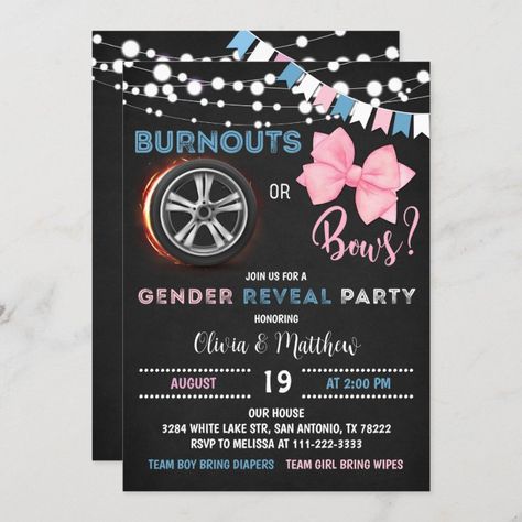 Burnouts Or Bows Gender Reveal, Gender Reveal Nails, Bows Gender Reveal, Gender Reveal Baby Shower Themes, Gender Reveal Invitations Template, Bow Gender Reveal, Gender Reveal Party Theme, Gender Reveal Themes, Gender Reveal Party Invitations