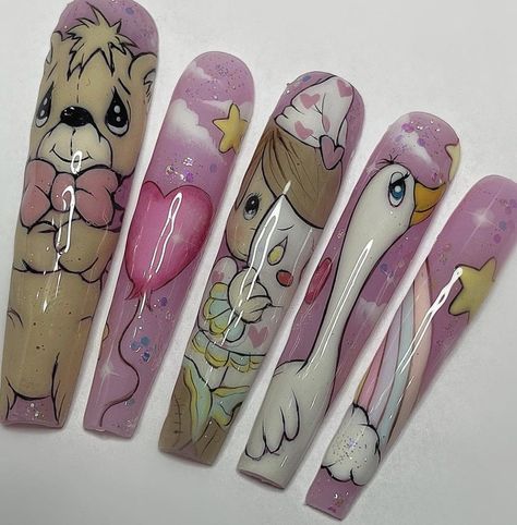 Kawaii Acrylic Nails Long, Kawaii Press On Nails, Pink Nails Long, Press On Nails Pink, Punk Nails, Valentine Nails, Master List, Dope Nail Designs, Really Cute Nails