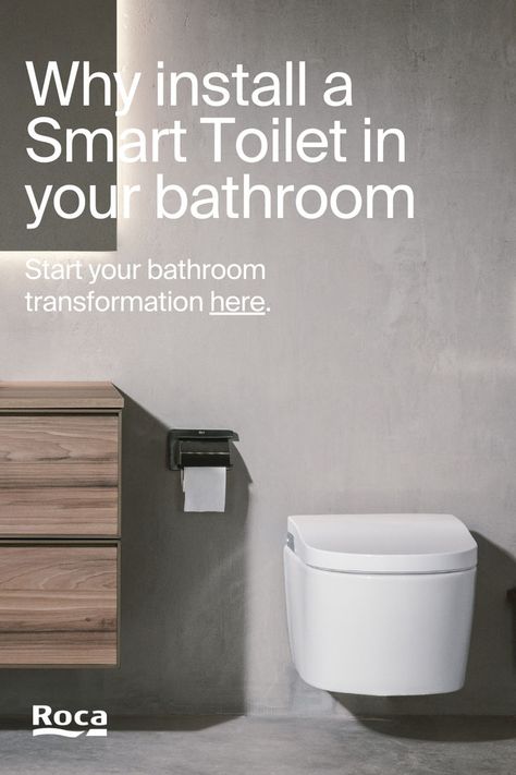 A sleek and modern bathroom featuring the In-Wash® Insignia smart toilet by Roca. The wall-mounted toilet is paired with a minimalist wood and concrete design, emphasising clean lines and modern aesthetics. The text on the image reads, "Why install a Smart Toilet in your bathroom? Start your bathroom transformation here." The image highlights the advanced technology and design of the smart toilet. Bathroom Transformation, Smart Toilet, Heart And Soul, Innovation Technology, Bathroom Interior, Modern Bathroom, Sleek, Design, Avant Garde