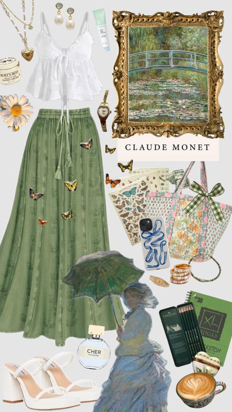 claude monet 🪷 #art #outfit #outfitinspo #cottagecore #green #maxiskirt #picnic #flowers #painting #monet #claudemonet #artgallery #waterlilies Picnic Flowers, Painting Monet, Cottagecore Green, Claude Monet Art, Art Outfit, Monet Art, Water Lilies, Claude Monet, Cottage Core