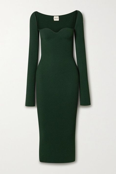 Khaite Beth Ribbed-Knit Dress Simple Black Heels, Jacquemus Dress, Big Dresses, Sweater Dress Women, Green Midi Dress, Knit Midi, Knit Midi Dress, Trending Dresses, Night Outfits