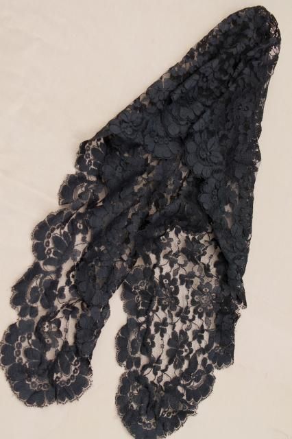 60s vintage chantilly lace veil shawl / head scarf, diamond shape black lace mantilla Lace Vail, Black Lace Shawl, Devils Rejects, Black Scalloped Lace For Wedding, Black Lace Veil Aesthetic, Lace Mantilla Veil Spanish, Black Lace Veil, Lace Headwrap, Chapel Veils