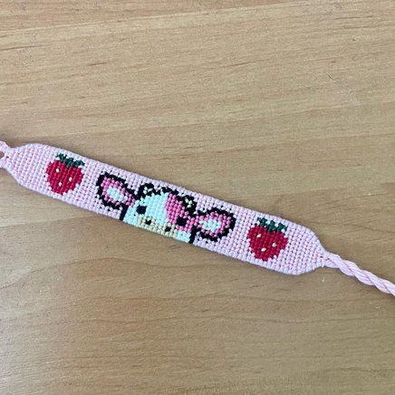 Strawberry Cow Alpha Pattern, Sanrio Friendship Bracelet, Cow Alpha Pattern, Alpha Bracelets, Chocolate Cow, Alpha Designs, Cool Friendship Bracelets, Strawberry Cow, Fruit Food