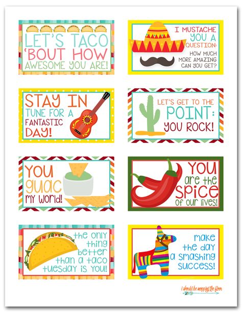 Kids' Lunch Box Idea and Free Printable Taco-Themed Lunch Box Notes Camp Lunch, Nurses Week Quotes, Teacher Appreciation Themes, Teacher Morale, Lunch Box Idea, Staff Appreciation Week, Taco Party, Volunteer Appreciation, Fiesta Theme