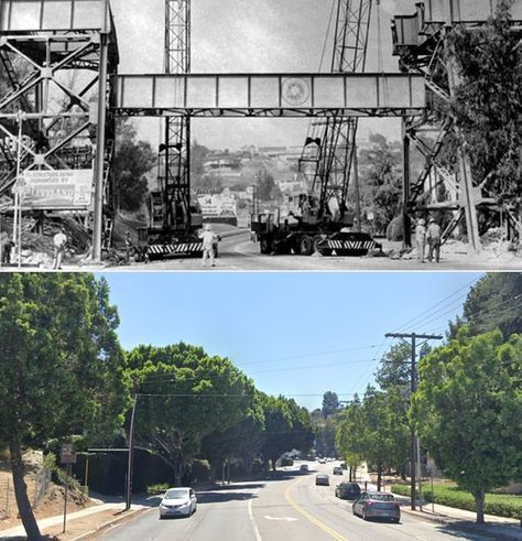 Vintage Glendale "The Jewel City" | 1959 vs 2022 – Looking SW on Fletcher Drive from near Riverside Drive showing the Fletcher Viaduct before and after demolition | Facebook Riverside Drive, California History, Bunker Hill, Los Angeles Area, The Jewel, Red Car, Cali, Angeles, Drive