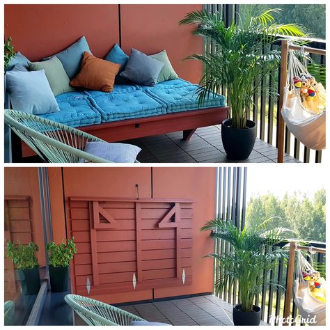 We needed a comfortable day bed/couch to our balcony that would not take away space. So we came up with this clever foldable solution. Day bed is made of wood and painted with suitable outdoor wood paint. Outdoor Wood Paint, Day Bed Couch, Balcony Bed, Balcony Couch, Outdoor Balcony Furniture, Micro Homes, Deck Decor, Terrace Ideas, Patio Couch