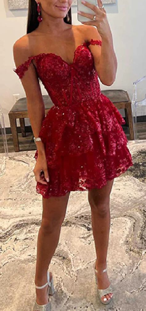 Elegant Off Shoulder A-line Tulle Applique Red Short Homecoming Dresse – RomanBridal Red And Black Homecoming Dress, Christmas Dance Dresses Short, Hoco Dresses Pictures, Red Homecoming Dresses Short Hoco, Freshmen Homecoming Dresses, Homecoming Dresses For Brunettes, Wine Red Hoco Dress, Red Sweet 16 Dresses Short, Short Red Prom Dress