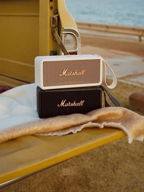 Marshall amplifiers are iconic; a British brand that epitomises powerful, high-quality sound and the spirit of rock'n'roll. Their range of speakers are designed with the same attention to audio excellence, and brings the cool prestige of this classic company into the home. Middleton Carry the loud sound of Marshall in your hand, at home, or outdoors. The Middleton holds a hefty 20 hours of playtime, while tough-as-nails build quality makes it ready for anything. Connect multiple Bluetooth device Marshall Speaker Aesthetic, Speaker Marshall, Marshall Bluetooth Speaker, Leo Lilith, Marshall Logo, Bose Bluetooth Speaker, Wishlist Ideas, Tough As Nails, Outdoor Speakers