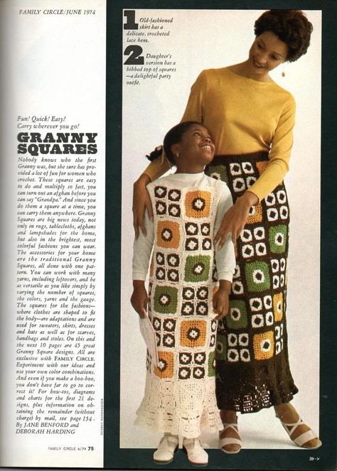 Anything Knitted and Crocheted: Granny Squares from Family Circle-July 1974 Tunic Dress Pattern, Crochet 70s, Girls Tunic Dress, Tunic Dress Patterns, Squared Clothes, Square Skirt, Crochet Granny Squares, Large Crochet Hooks, Girls Tunics