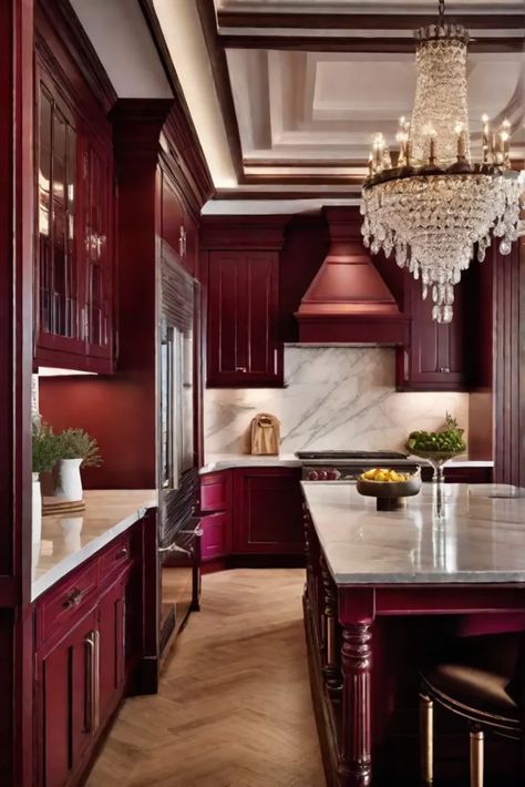 A luxurious traditional kitchen with walls in a soft burgundy shade featuring Red Wall Kitchen Ideas, Colorful Traditional Kitchen, Maroon Cabinets Kitchen, Wine Colored Cabinets, Deep Red Kitchen Cabinets, Deep Red Kitchen, Burgundy Cabinets, Burgundy Kitchen Cabinets, Dark Red Kitchen