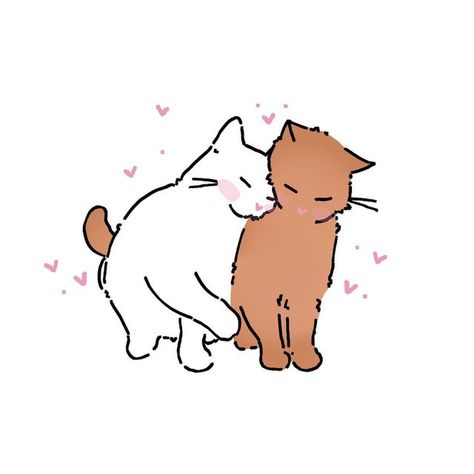 Cat And Dog Hugging Drawing, Two Cats Kissing Drawing, Cat Kissing Drawing, Cats Cuddling Drawing Reference, Cats In Love Doodle, Couple Cat Drawing, Cat Couple Doodle, Cute Cat Couple Drawing, Cats In Love Art