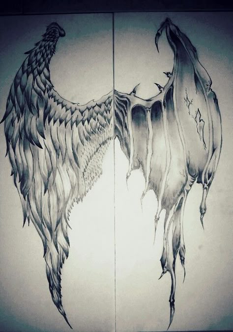 Dark Angel Wings Drawing, Half Angle Half Demon Tattoo, Cool Wing Tattoos, Half Angel Half Demon Tattoo For Men, Half Angel Half Demon Tattoo Women, Fallen Angel Wings Tattoo On Back, Angel Demon Wings Tattoo, Angel And Demon Tattoo Men, Half Angel Half Demon Drawing