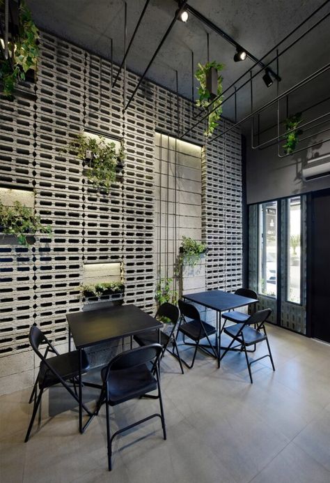 A Monochrome Interiors With Intrinsic Play Of Cement Blocks At Ivy Cafe | Neda Mirani - The Architects Diary Ivy Cafe, Mazandaran Iran, Loft Cafe, Industrial Cafe, Monochrome Interior, Cafe Shop Design, Garden Cafe, Cafe Interior Design, Restaurant Interior Design