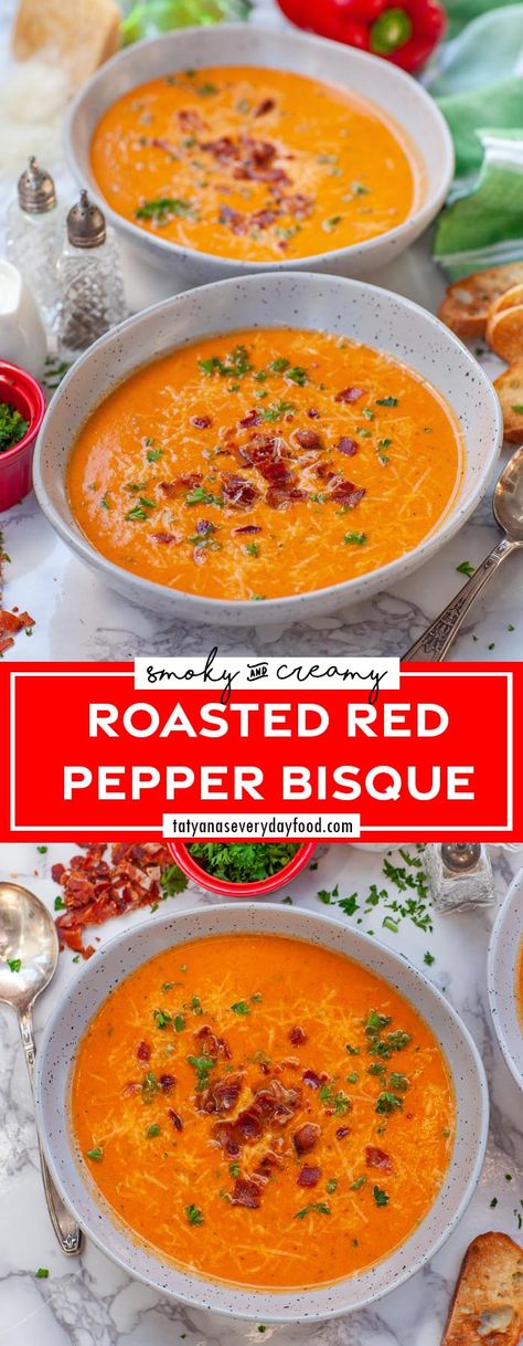 Vegetable Bisque, Roasted Red Pepper Bisque, Red Pepper Bisque, Bisque Soup, Roasted Red Pepper Soup, Red Pepper Soup, Cubed Sweet Potatoes, Bisque Recipe, Tomato Bisque