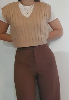 Hi My Friends If you feel boring so visit my website for entertaining Beige Sweater Vest, Beige Sweater Outfit, Pants Fall Outfit, Vest Outfits Aesthetic, Sweater Vest Brown, Brown Pants Outfit, Smart Casual Women Outfits, Cute Sweater Outfits, Sweater Vest Outfit