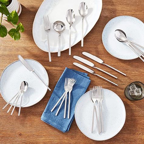 Amazon.com | Villeroy and Boch New Wave Flatware 64 Pc. Service for 12 by Villeroy and Boch: Flatware Sets Formal Place Setting, Stainless Steel Mirror, Spoon Gifts, Stainless Steel Range, Steel Mirror, Kitchen Cutlery, Gift Box Design, Dessert Fork, Stainless Steel Cutlery