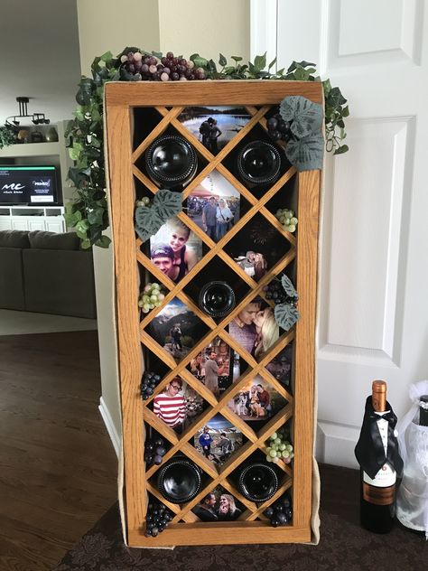 I threw a wine and cheese themed party for my sister and her fiancées wedding shower and decided to repurpose an old wine rack that I had into a cute welcome table photo collage. I bought the fake grapes and vines at Hobby Lobby and then just trimmed and taped the photos in! The wine bottles and grapes were just simply placed in the slots! Very easy especially if you already have a wine rack like this (I got this one at a thrift store for $6) Wine Rack Flowers, Wine Rack Ideas Other Uses Home Decor, Cheese Themed Party, Florida Apartment, Florida Apartments, Welcome Table, Wine And Cheese, Wine Theme, Wine Bottles