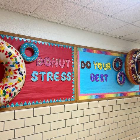 @schoolingsara shared a photo on Instagram: “When it’s #testingseason and you have giant inflatable donuts…you make a #donutstress bulletin board. . . . . . #elementaryteacher…” • May 5, 2022 at 6:54pm UTC Donut Classroom, Candyland Decor, Testing Encouragement, Sprinkle Kindness, Decorated Doors, Testing Motivation, Class Gifts, Teacher Survival, Bulletin Board Borders