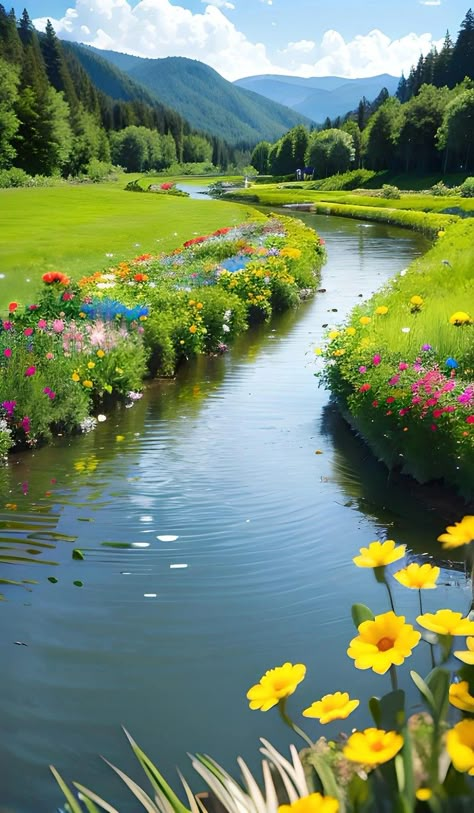 Forest, Water, Flowers, Green, Nature