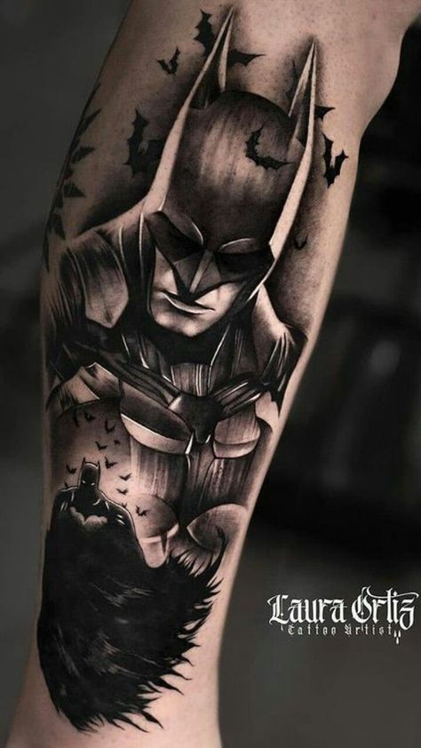 Superhero Tattoos Sleeve, Comic Tattoos For Men, Batman And Joker Sleeve Tattoo, Batman Leg Sleeve Tattoo, Batman Shoulder Tattoo, Batman Portrait Tattoo, Batman Cover Up Tattoos, Batman And Joker Tattoo Ideas, Gotham Tattoo Ideas