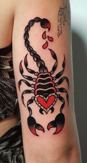 <<Check out more Scorpion tattoos #tattoomenow #tattooideas #tattoodesigns #tattoos #scorpion #scorpio Scorpion Tattoo American Trad, Trad Scorpio Tattoo, Traditional Style Scorpion Tattoo, Scorpio Tattoo American Traditional, Scorpion Lady Tattoo, Cute Scorpion Tattoo For Women, Pretty Scorpion Tattoo, Scorpion American Traditional Tattoo, Scorpio Tattoo Traditional