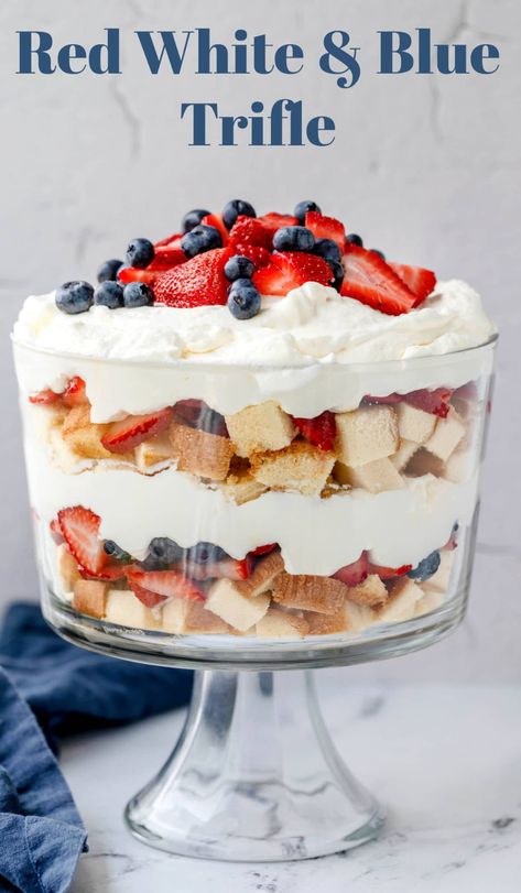 Summer Trifle Desserts, Pound Cake Trifle, Red White And Blue Trifle, Summer Trifle, Blueberry Trifle, Festive Dessert Recipes, Homemade Pound Cake, Fruit Desserts Easy, No Bake Summer Desserts